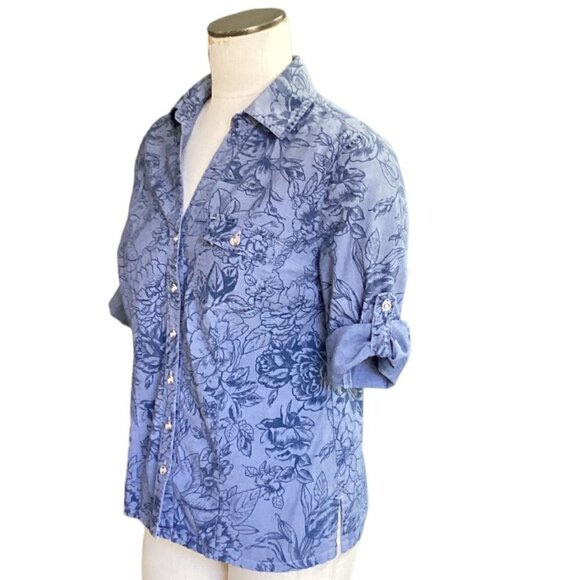 Karen Scott Button-Up Roll Tab Top 100% Cotton Floral Sz S Blue 142C - Picture 3 of 8